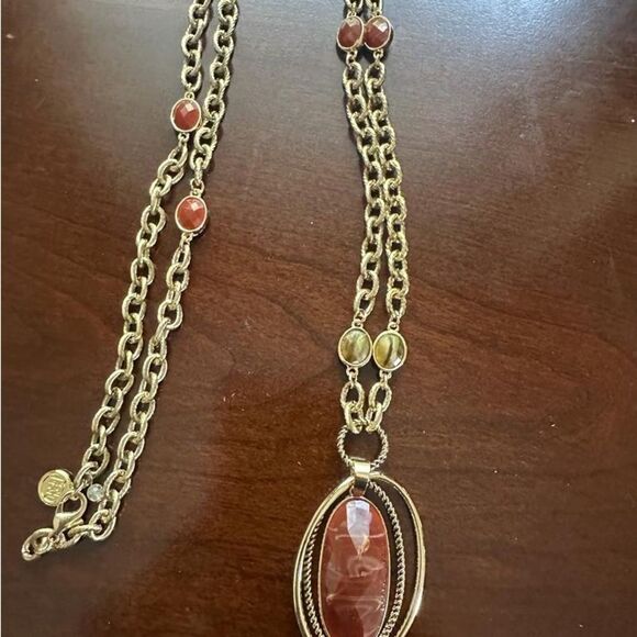 Dana Buchman red stone long gold tone necklace with multi stones - Picture 3 of 5